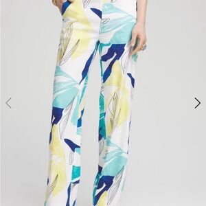 Chico's White Wide-Leg Pants with Blue, Teal and Yellow Abstract Motif